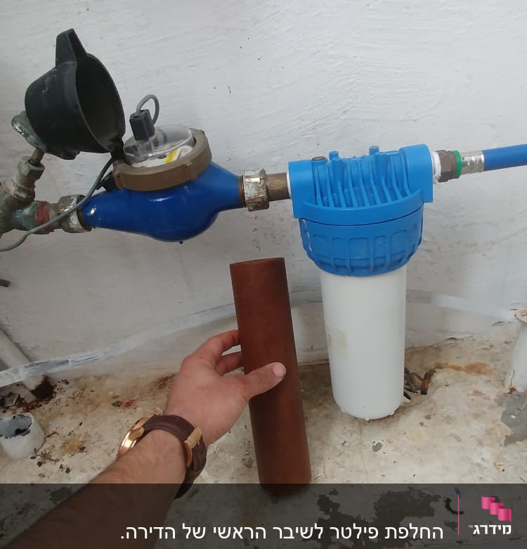 יד מחזיקה מסנן מים ליד צנרת ומד מים